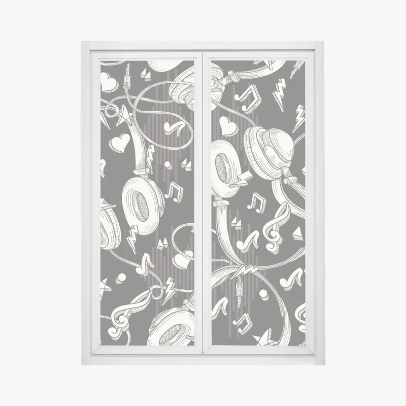 Fensteraufkleber monochromatisches muster mit kopfhörern und noten