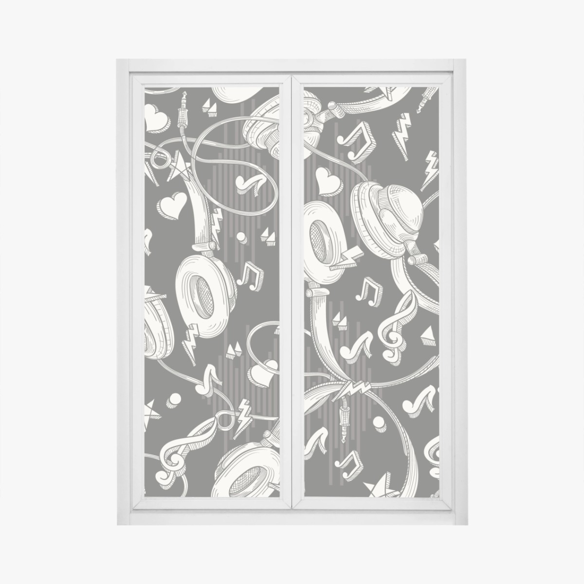 Fensteraufkleber monochromatisches muster mit kopfhörern und noten – Wallnifity®