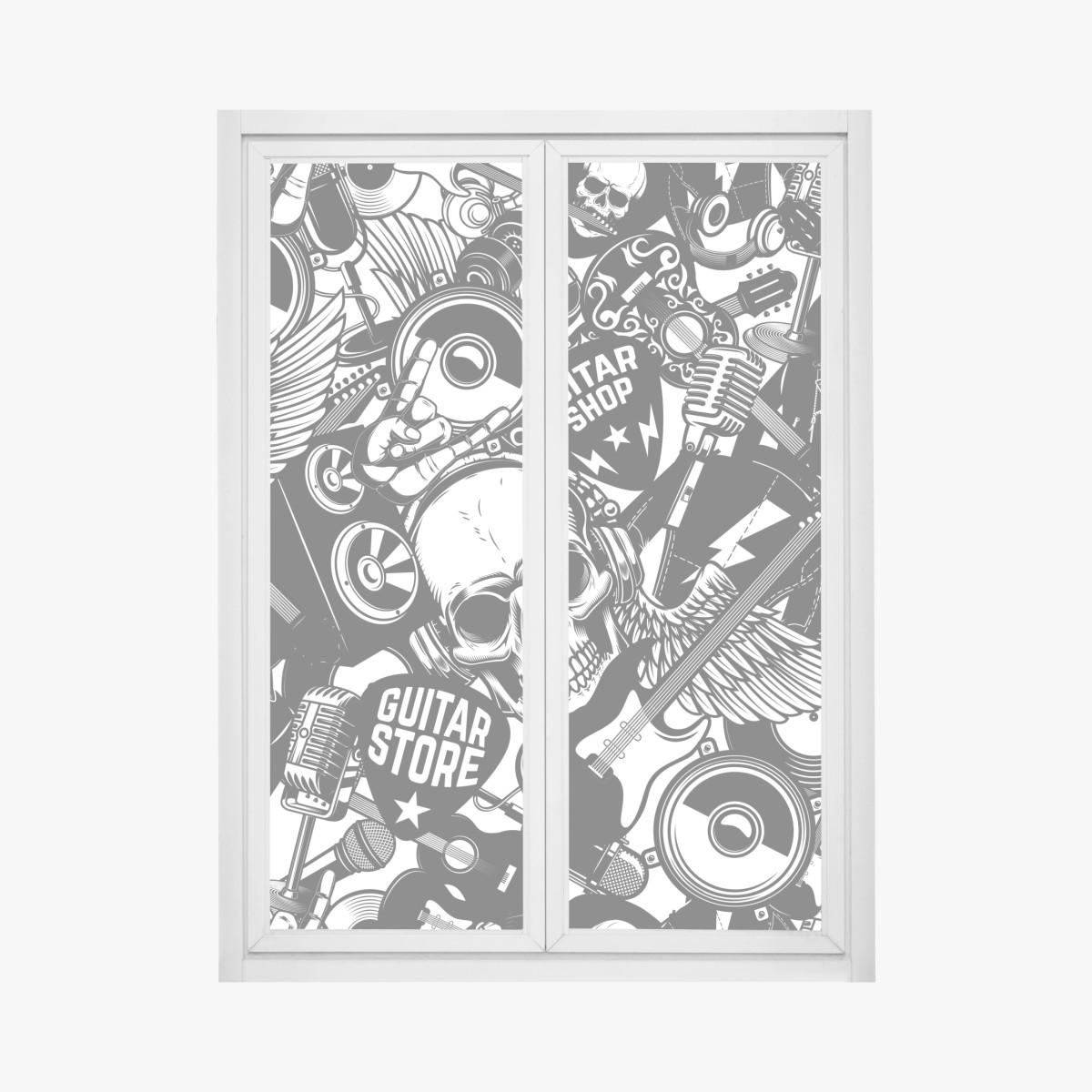 Fensteraufkleber rock-collage mit schädel und gitarre – Wallnifity® Fensteraufkleber rock-collage mit schädel und gitarre – Wallnifity®
