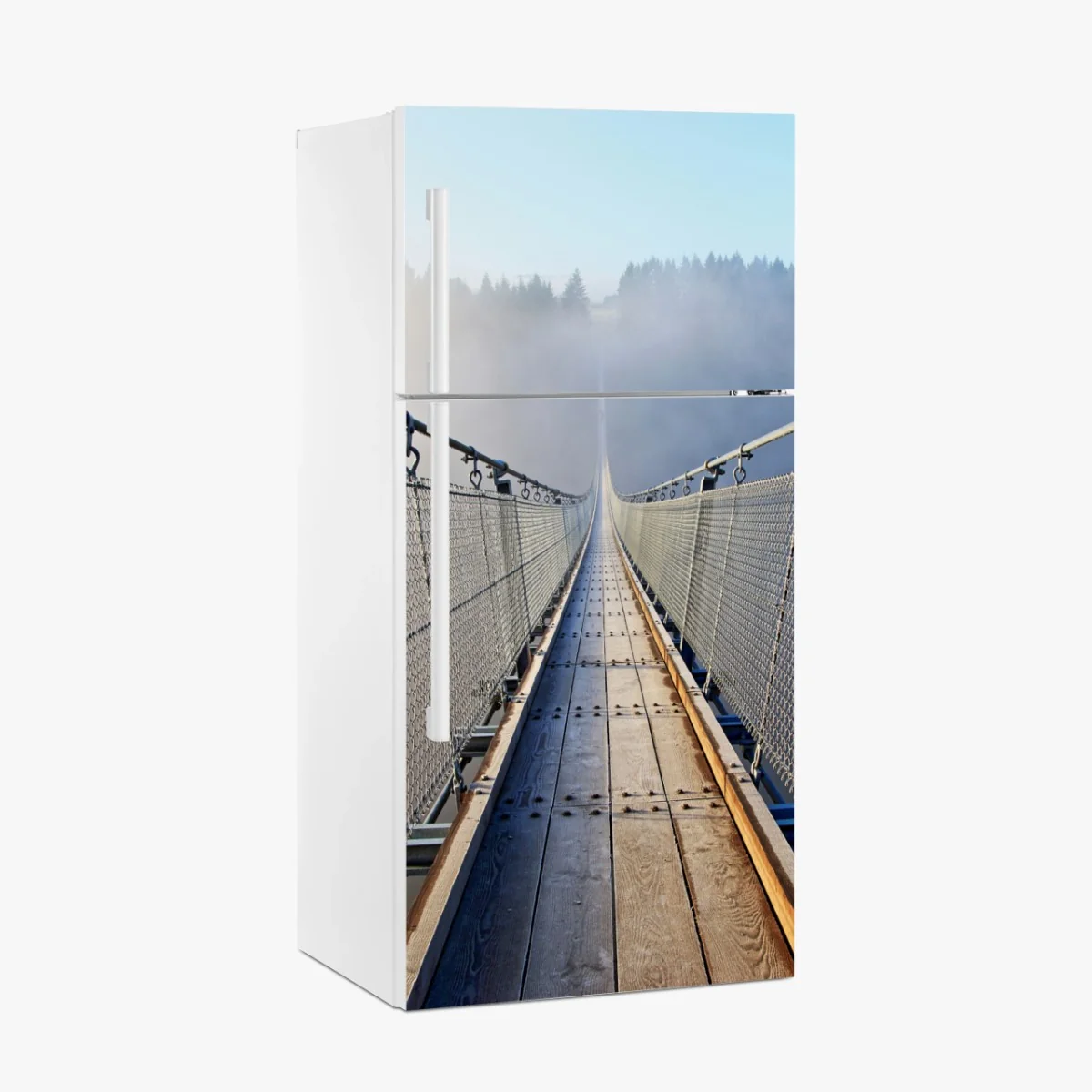 Kühlschrankaufkleber neblige hängebrücke, die in den wald führt – Wallnifity® Kühlschrankaufkleber neblige hängebrücke, die in den wald führt – Wallnifity®
