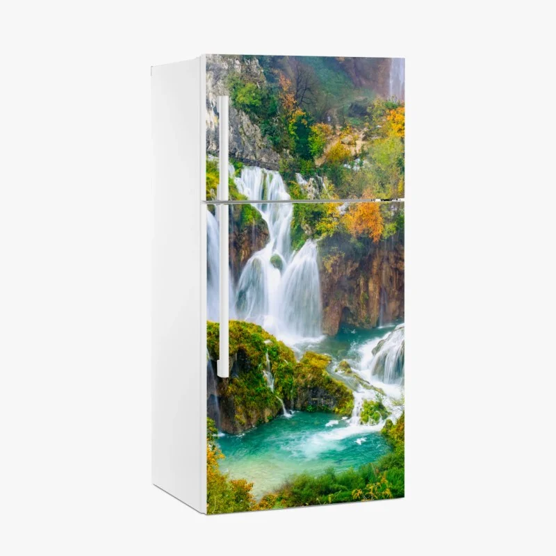 Kühlschrankaufkleber türkisfarbener wasserfall im herbst