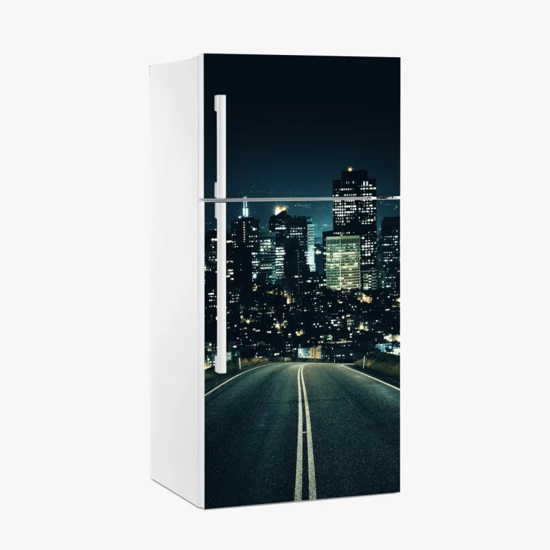 Kühlschrankaufkleber straße zur beleuchteten stadtsilhouette bei nacht – Wallnifity® Kühlschrankaufkleber straße zur beleuchteten stadtsilhouette bei nacht – Wallnifity®