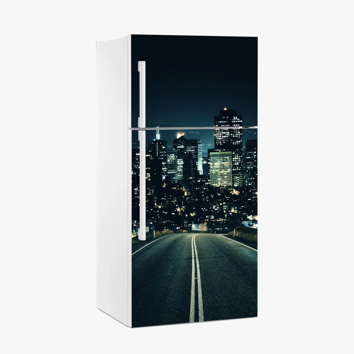 Kühlschrankaufkleber straße zur beleuchteten stadtsilhouette bei nacht – Wallnifity® Kühlschrankaufkleber straße zur beleuchteten stadtsilhouette bei nacht – Wallnifity®