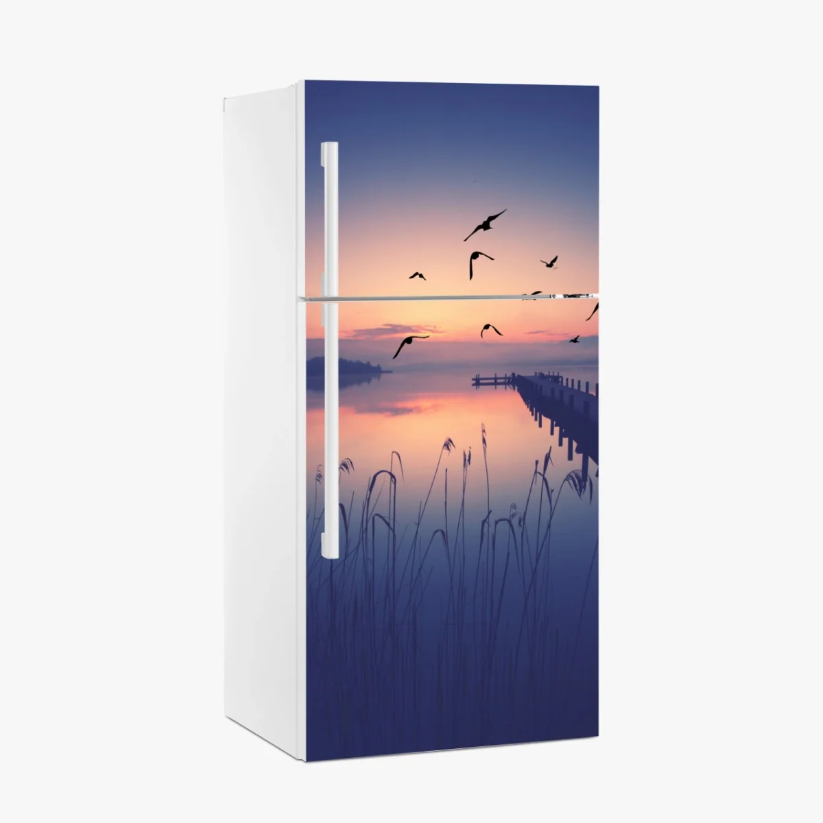 Kühlschrankaufkleber ruhiger sonnenaufgang am see mit vögeln – Wallnifity® Kühlschrankaufkleber ruhiger sonnenaufgang am see mit vögeln – Wallnifity®