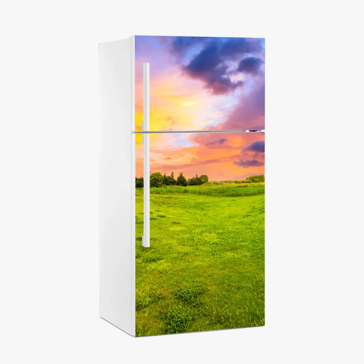 Kühlschrankaufkleber sonnenuntergang über grüner wiese – Wallnifity®