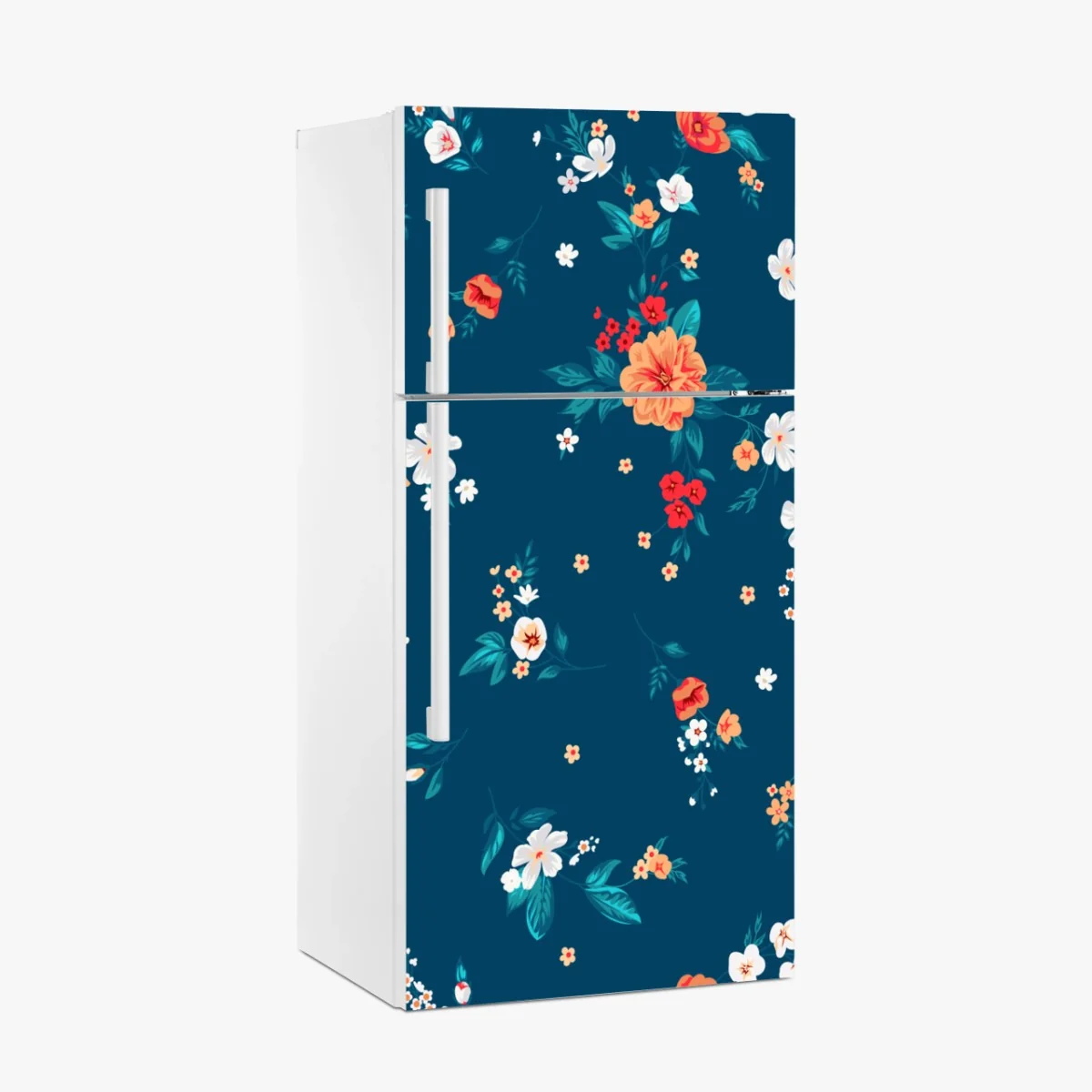 Kühlschrankaufkleber zartes verstreutes blumenmuster auf tiefem türkis – Wallnifity® Kühlschrankaufkleber zartes verstreutes blumenmuster auf tiefem türkis – Wallnifity®