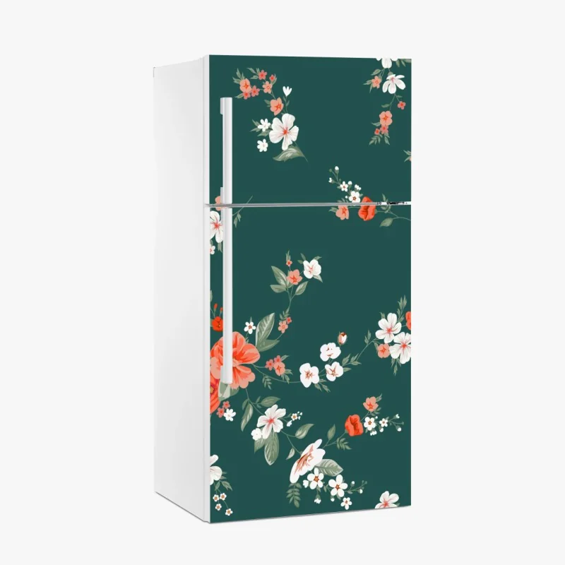 Kühlschrankaufkleber vintage korallenblumenmuster auf tiefgrünem hintergrund