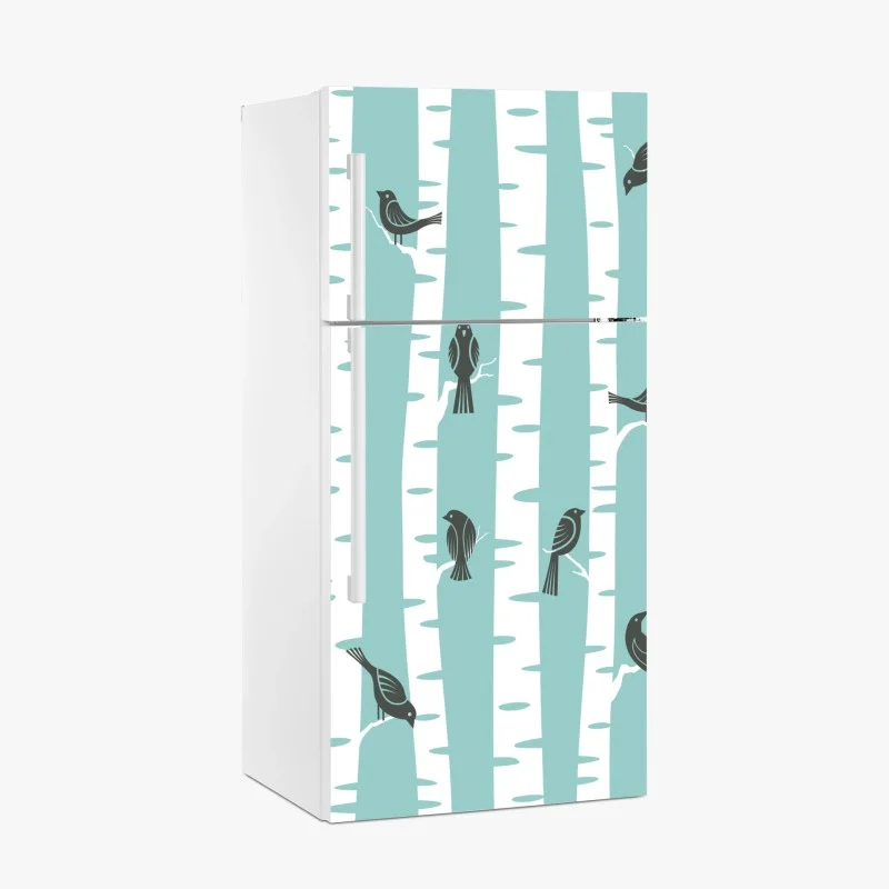Kühlschrankaufkleber türkis birkenwald mit vögeln