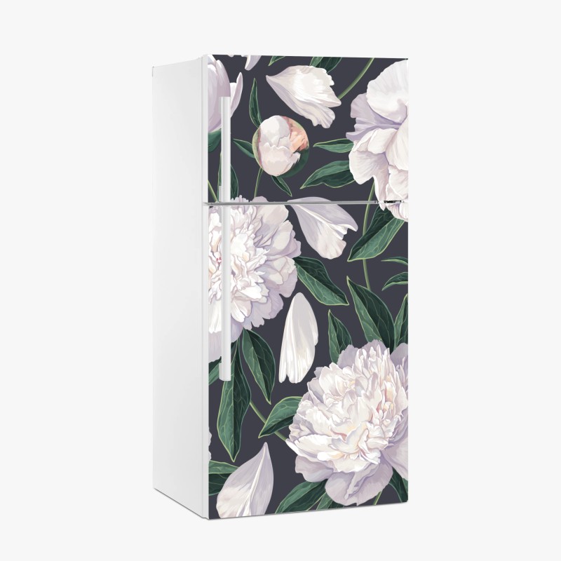 Kühlschrankaufkleber weißes pfingstrosenmuster auf schiefergrauem hintergrund