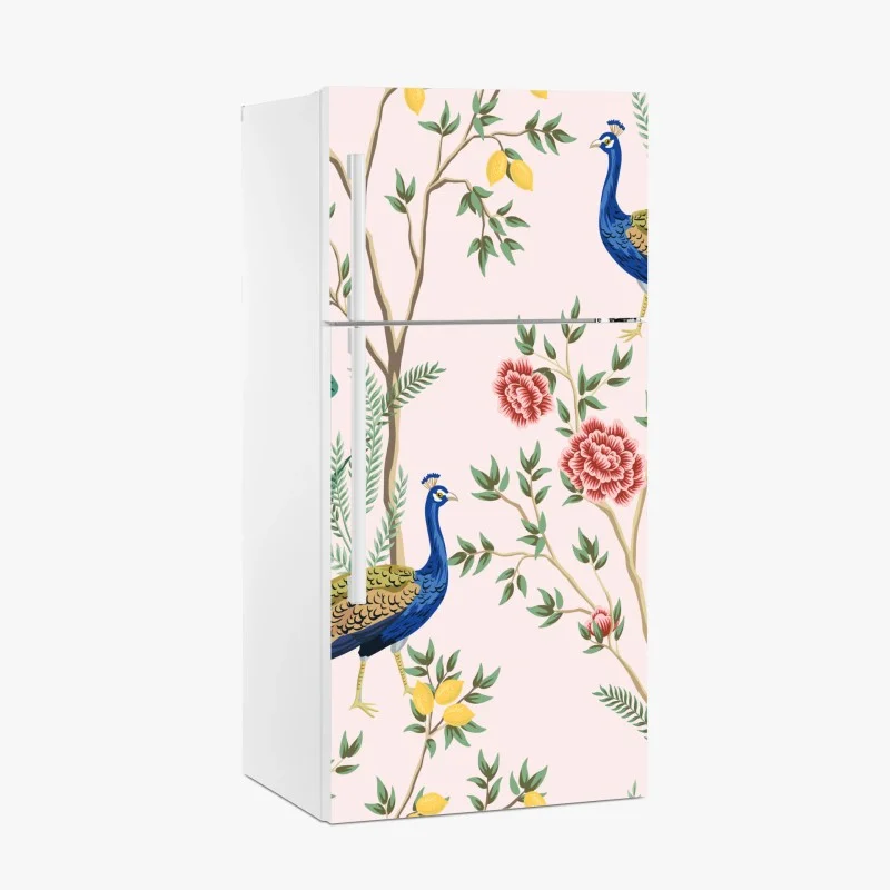 Kühlschrankaufkleber blaues muster mit vögeln und blüten im vintage-stil – Wallnifity®