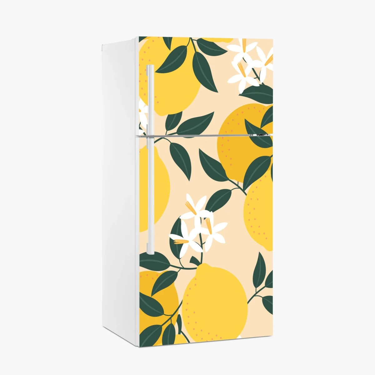 Kühlschrankaufkleber leuchtendes zitronenmuster mit blüten – Wallnifity® Kühlschrankaufkleber leuchtendes zitronenmuster mit blüten – Wallnifity®