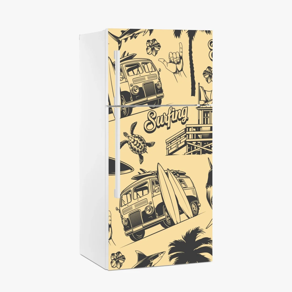 Kühlschrankaufkleber retro surfing muster mit campingbus und wellen – Wallnifity® Kühlschrankaufkleber retro surfing muster mit campingbus und wellen – Wallnifity®