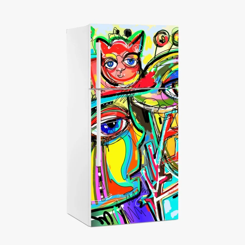 Kühlschrankaufkleber lebendige abstrakte gesichter mit katze und vogel