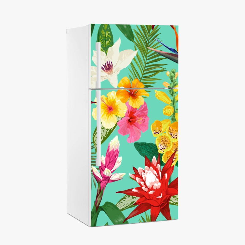 Kühlschrankaufkleber tropisches aquarell-blumenmuster mit hibiskus, tigerlilie und paradiesvogelblume