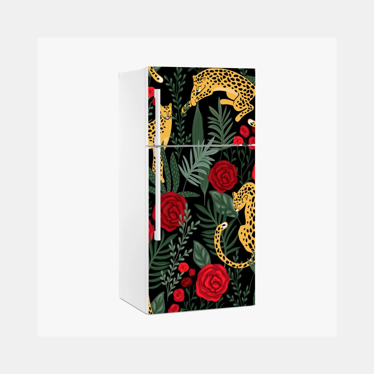 Kühlschrankaufkleber goldene geparden und rote rosen muster – Wallnifity®