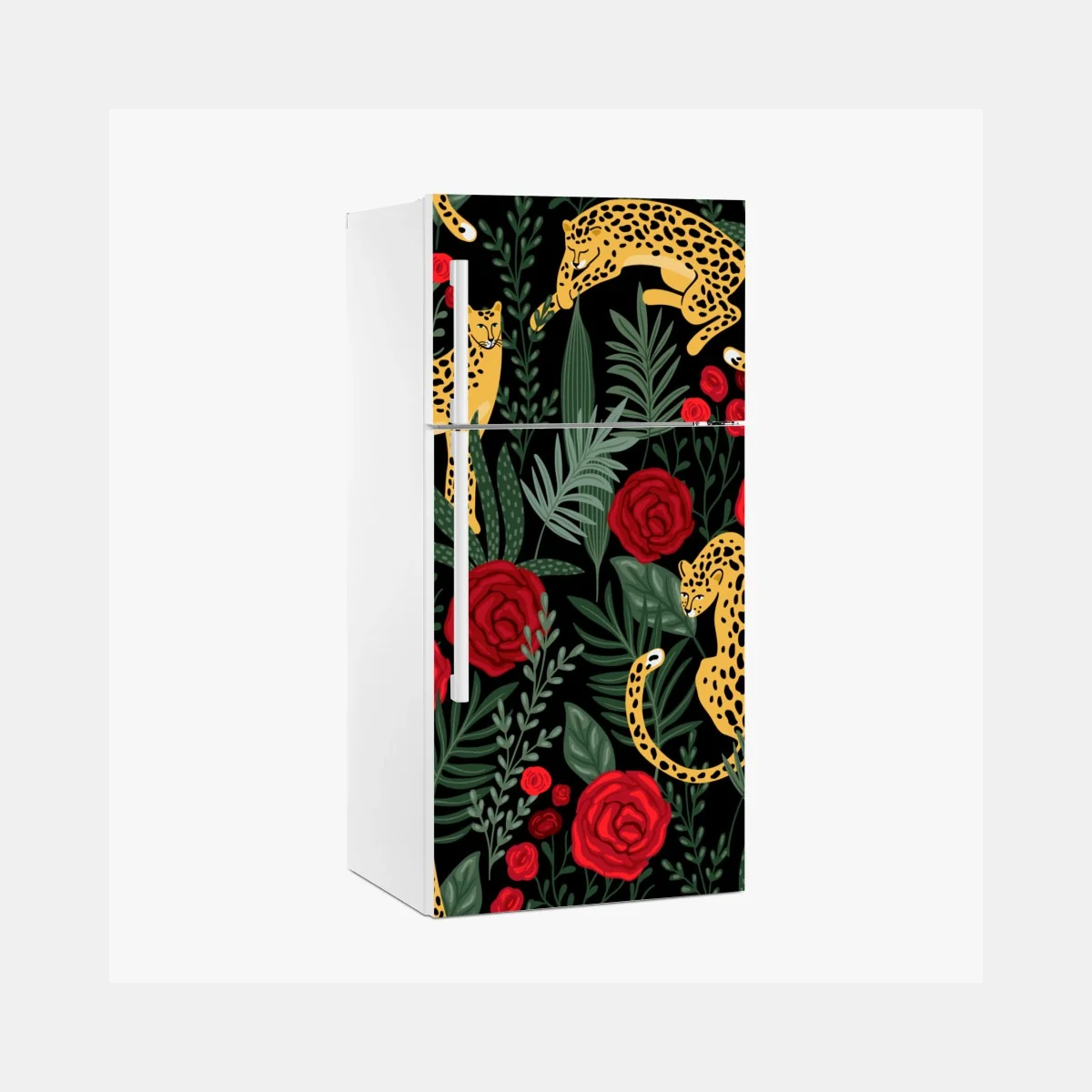 Kühlschrankaufkleber goldene geparden und rote rosen muster – Wallnifity® Kühlschrankaufkleber goldene geparden und rote rosen muster – Wallnifity®