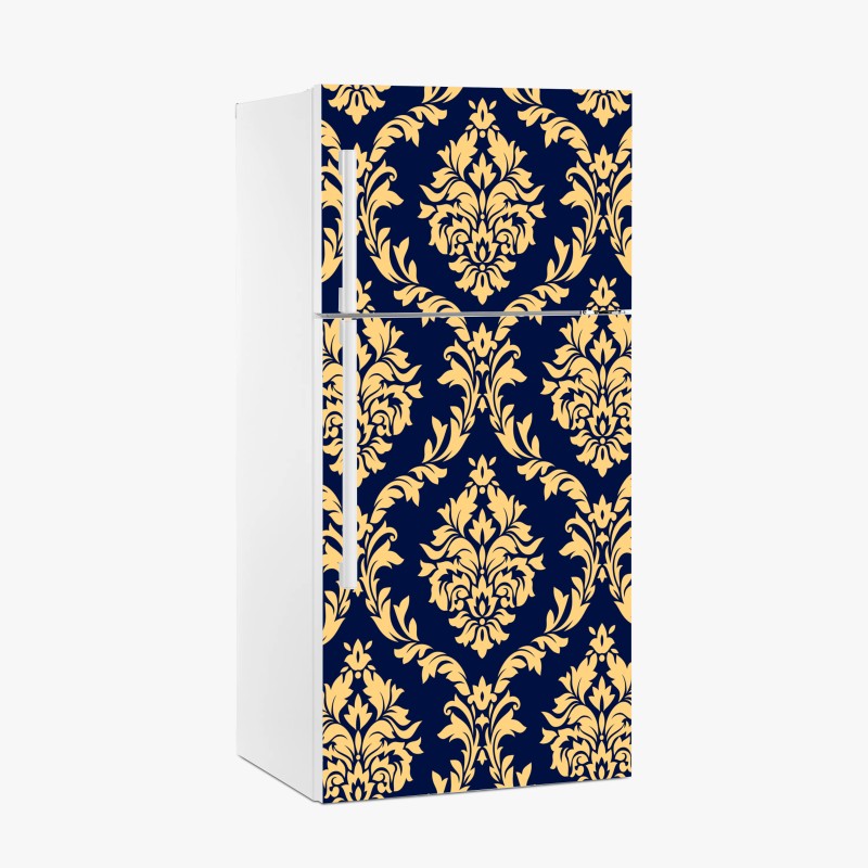 Kühlschrankaufkleber elegantes goldenes damastmuster auf tiefblauem hintergrund
