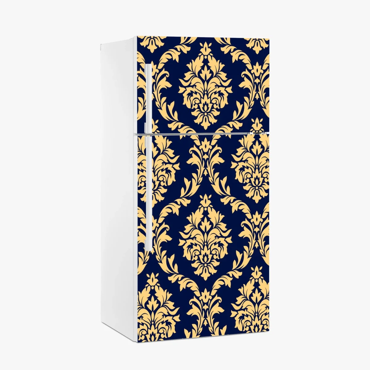 Kühlschrankaufkleber elegantes goldenes damastmuster auf tiefblauem hintergrund – Wallnifity®