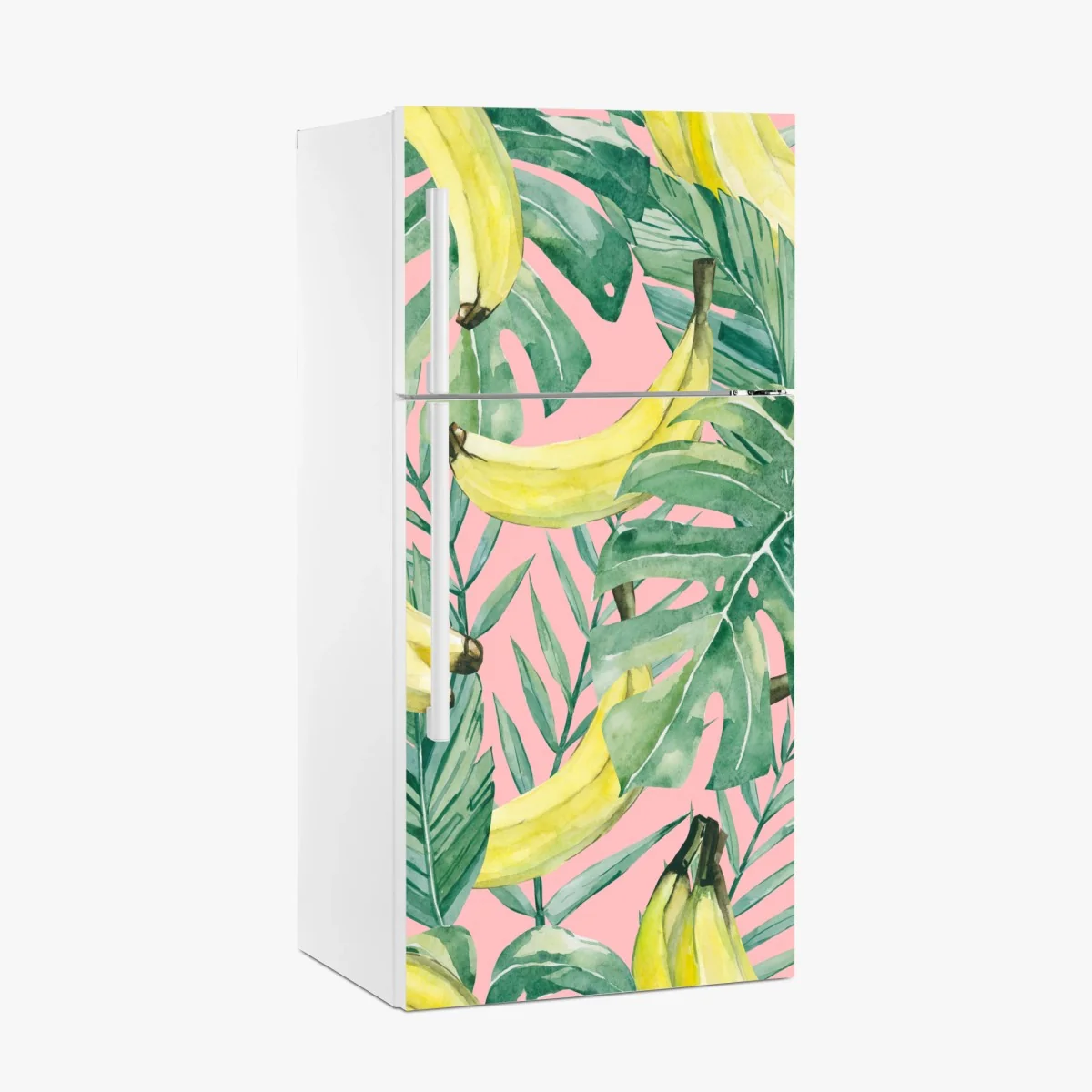 Kühlschrankaufkleber aquarell-bananen und blättermuster auf rosa hintergrund – Wallnifity®