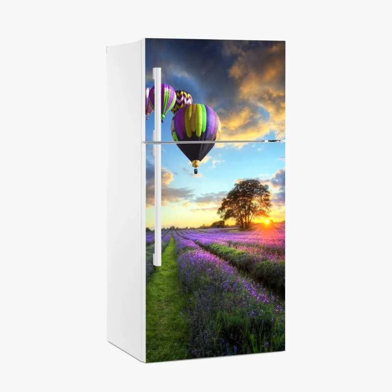 Kühlschrankaufkleber lavendersonnenuntergang mit bunten heißluftballons