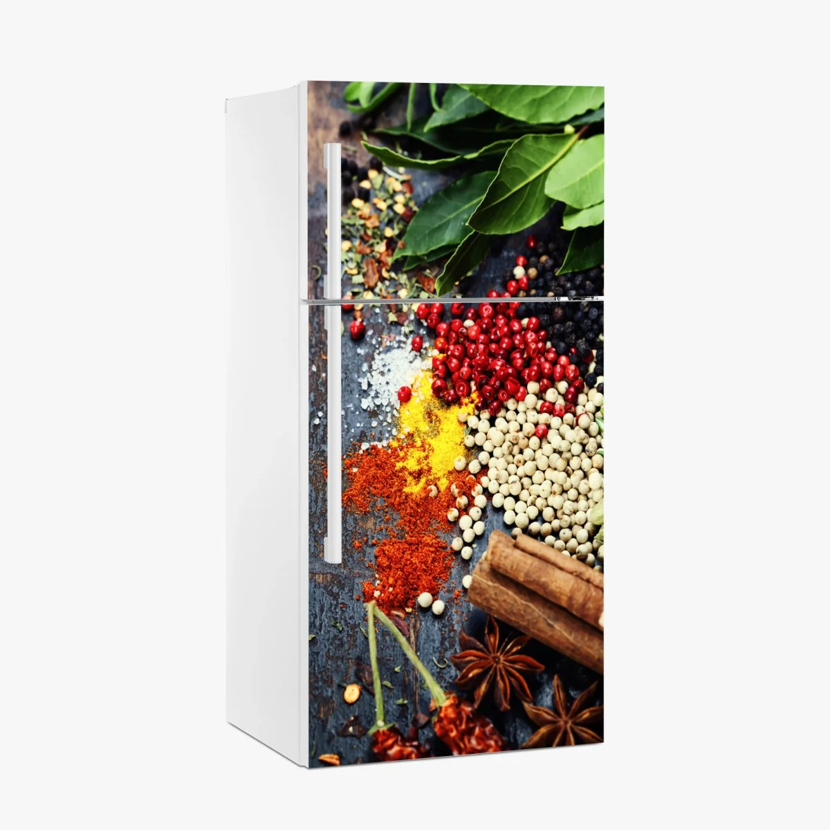 Kühlschrankaufkleber buntes gewürzsortiment auf rustikalem holz – Wallnifity® Kühlschrankaufkleber buntes gewürzsortiment auf rustikalem holz – Wallnifity®