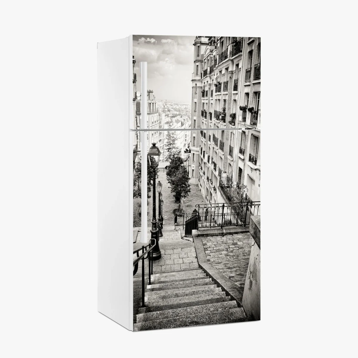 Kühlschrankaufkleber städtische treppe in schwarzweiß – Wallnifity® Kühlschrankaufkleber städtische treppe in schwarzweiß – Wallnifity®