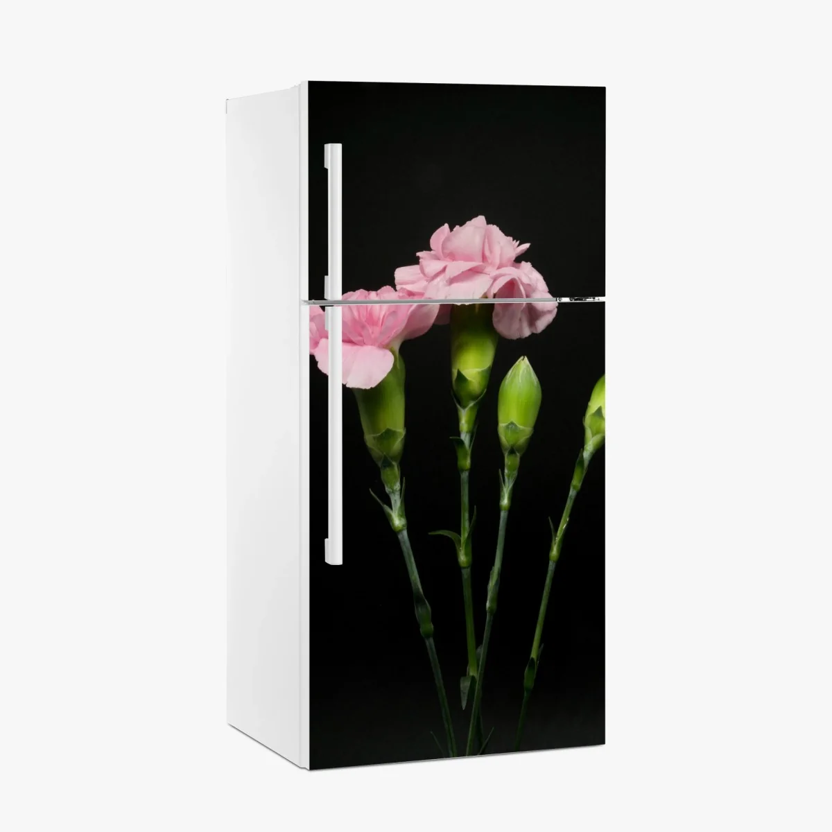 Kühlschrankaufkleber rosa nelken vor schwarzem hintergrund – Wallnifity®