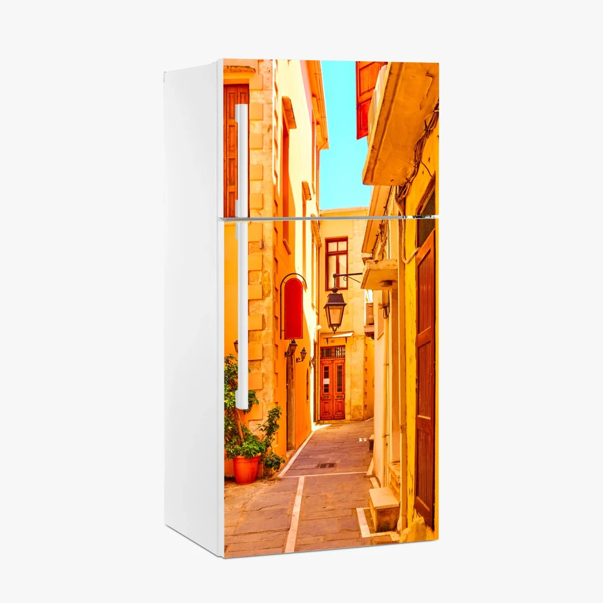 Kühlschrankaufkleber sonnige gelbe gasse in Rethymno, Kreta – Wallnifity® Kühlschrankaufkleber sonnige gelbe gasse in Rethymno, Kreta – Wallnifity®