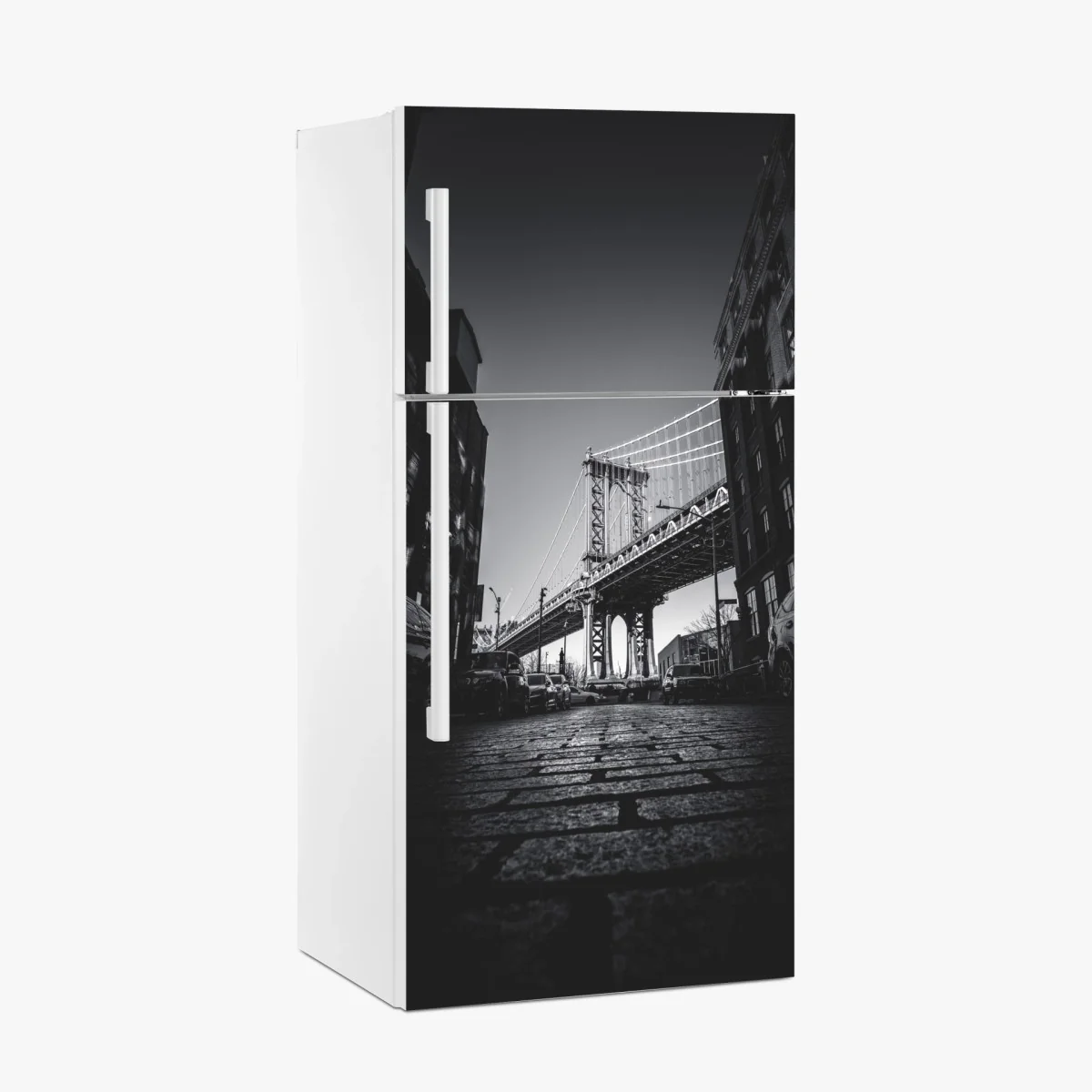 Kühlschrankaufkleber Manhattan brücke perspektive über kopfsteinpflaster – Wallnifity® Kühlschrankaufkleber Manhattan brücke perspektive über kopfsteinpflaster – Wallnifity®