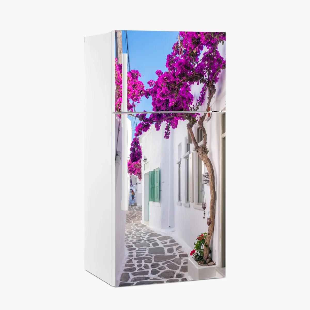 Kühlschrankaufkleber sonnige mediterrane gasse mit bougainvillea – Wallnifity® Kühlschrankaufkleber sonnige mediterrane gasse mit bougainvillea – Wallnifity®