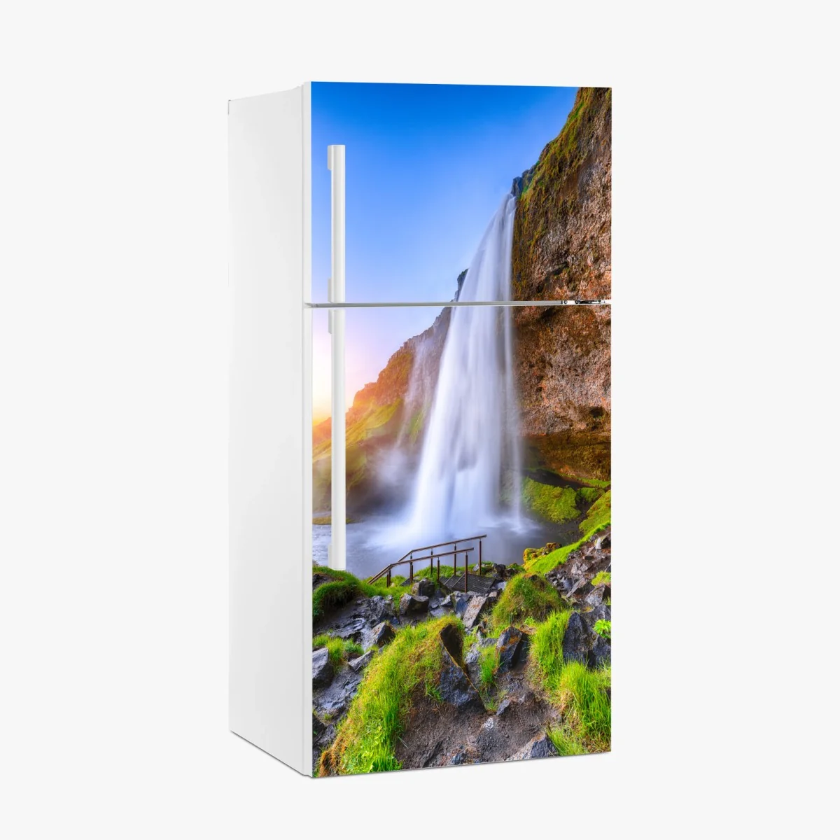 Kühlschrankaufkleber Seljalandsfoss wasserfall im sonnenuntergang – Wallnifity® Kühlschrankaufkleber Seljalandsfoss wasserfall im sonnenuntergang – Wallnifity®