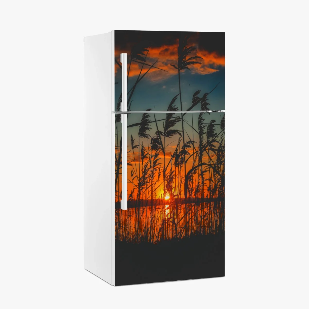 Kühlschrankaufkleber sonnenuntergang am see mit schilf-silhouette – Wallnifity® Kühlschrankaufkleber sonnenuntergang am see mit schilf-silhouette – Wallnifity®