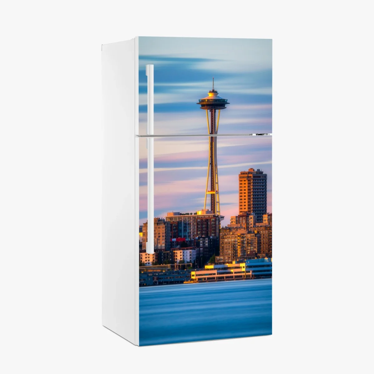 Kühlschrankaufkleber Seattle skyline mit dem Space Needle bei Sonnenuntergang – Wallnifity® Kühlschrankaufkleber Seattle skyline mit dem Space Needle bei Sonnenuntergang – Wallnifity®