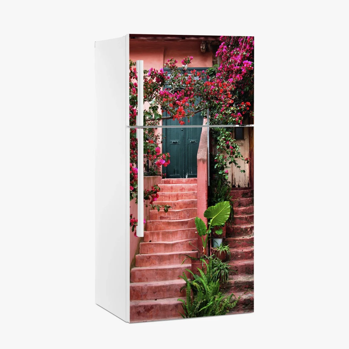 Kühlschrankaufkleber treppe mit bougainvillea und grünen pflanzen – Wallnifity® Kühlschrankaufkleber treppe mit bougainvillea und grünen pflanzen – Wallnifity®