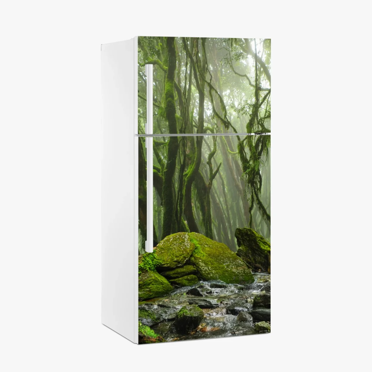 Kühlschrankaufkleber moosiger wald mit bach im nebel – Wallnifity®