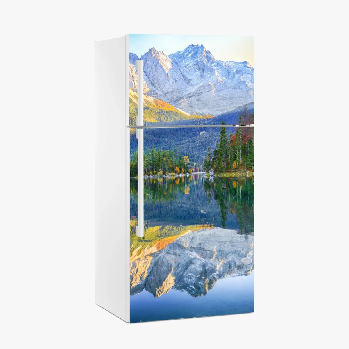 Kühlschrankaufkleber herbstliche spiegelung am Eibsee bei Zugspitze – Wallnifity® Kühlschrankaufkleber herbstliche spiegelung am Eibsee bei Zugspitze – Wallnifity®