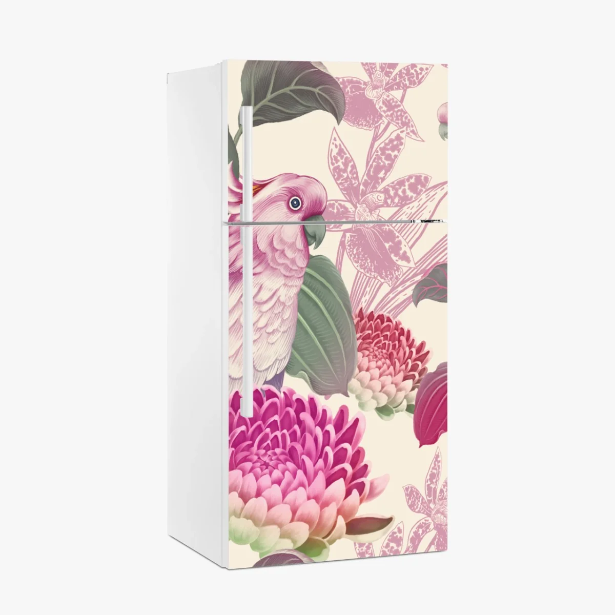Kühlschrankaufkleber rosa papagei und chrysantheme - botanisches motiv – Wallnifity® Kühlschrankaufkleber rosa papagei und chrysantheme - botanisches motiv – Wallnifity®