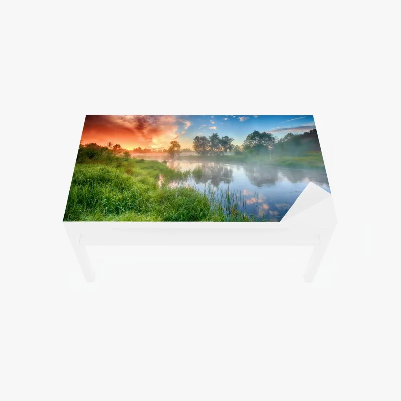 Tischaufkleber und Schreibtischaufkleber nebel bei sonnenaufgang am flussufer