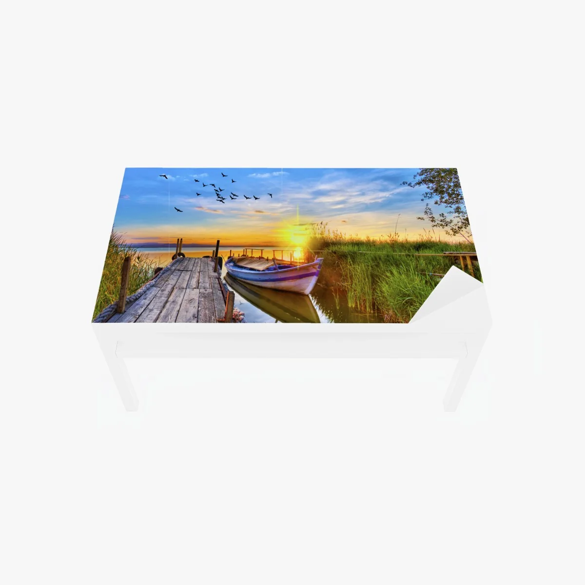 Tischaufkleber und Schreibtischaufkleber sonnenuntergang am see mit boot am steg – Wallnifity® Tischaufkleber und Schreibtischaufkleber sonnenuntergang am see mit boot am steg – Wallnifity®