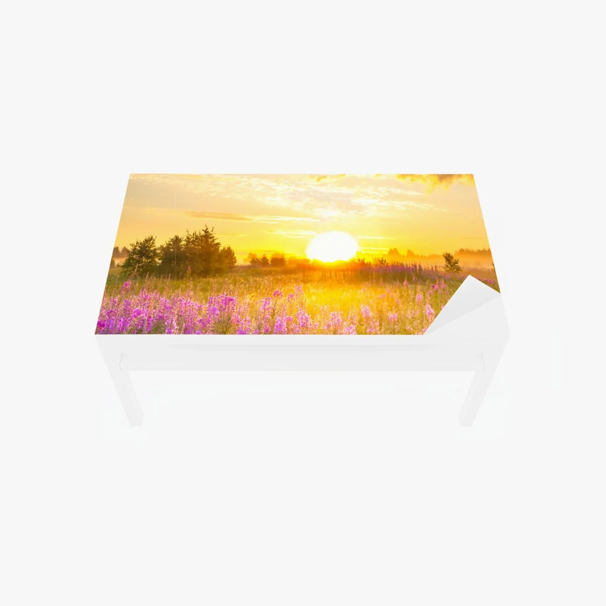 Tischaufkleber und Schreibtischaufkleber sonnenaufgang über violetter wildblumenwiese – Wallnifity®