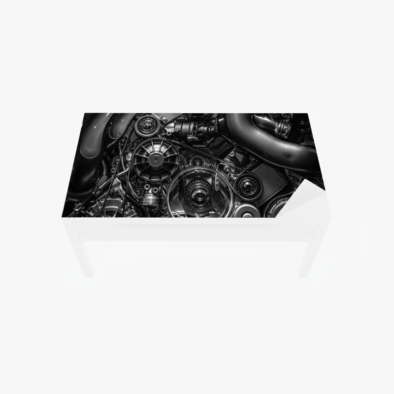 Tischaufkleber und Schreibtischaufkleber präzise motor-nahaufnahme im industrial-stil