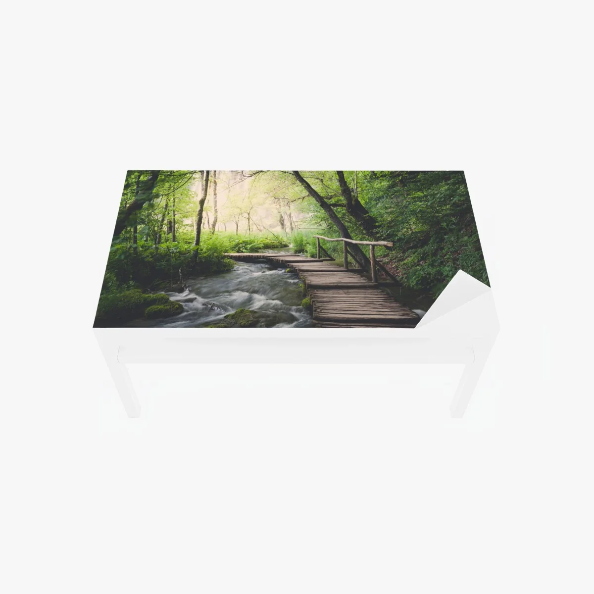 Tischaufkleber und Schreibtischaufkleber ruhiger hölzerner steg durch grünen wald – Wallnifity® Tischaufkleber und Schreibtischaufkleber ruhiger hölzerner steg durch grünen wald – Wallnifity®