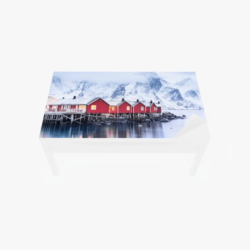 Tischaufkleber und Schreibtischaufkleber sonnenaufgang über den roten hütten der Lofoten