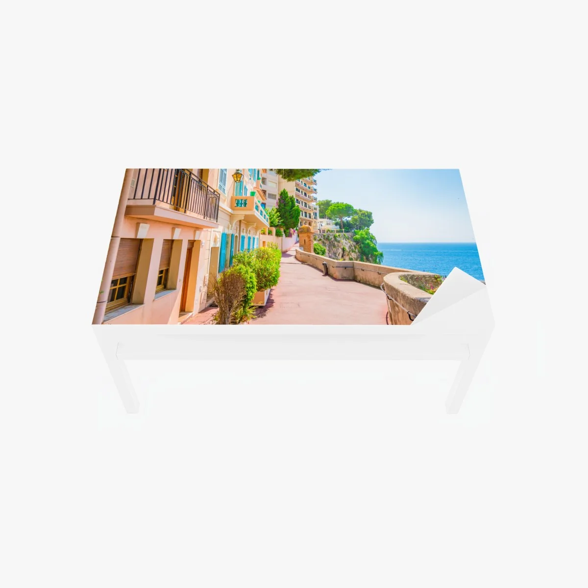 Tischaufkleber und Schreibtischaufkleber mediterrane promenade mit pastellfarbenen häusern – Wallnifity® Tischaufkleber und Schreibtischaufkleber mediterrane promenade mit pastellfarbenen häusern – Wallnifity®