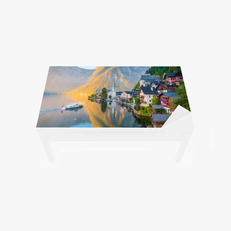 Tischaufkleber und Schreibtischaufkleber morgendlicher lichtglanz über Hallstatt am see