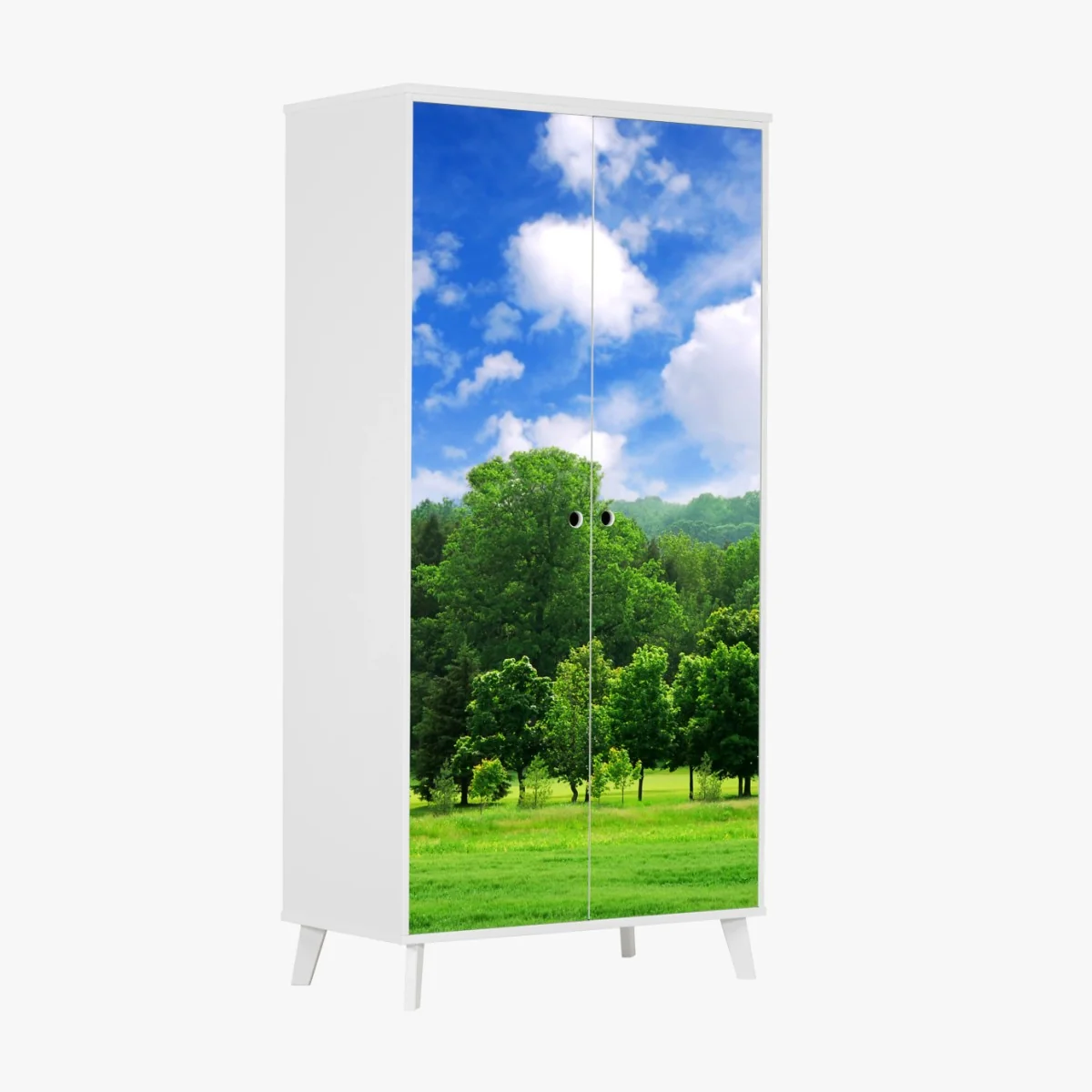 Schrankaufkleber sommerlicher grüner wald unter blauem himmel – Wallnifity®