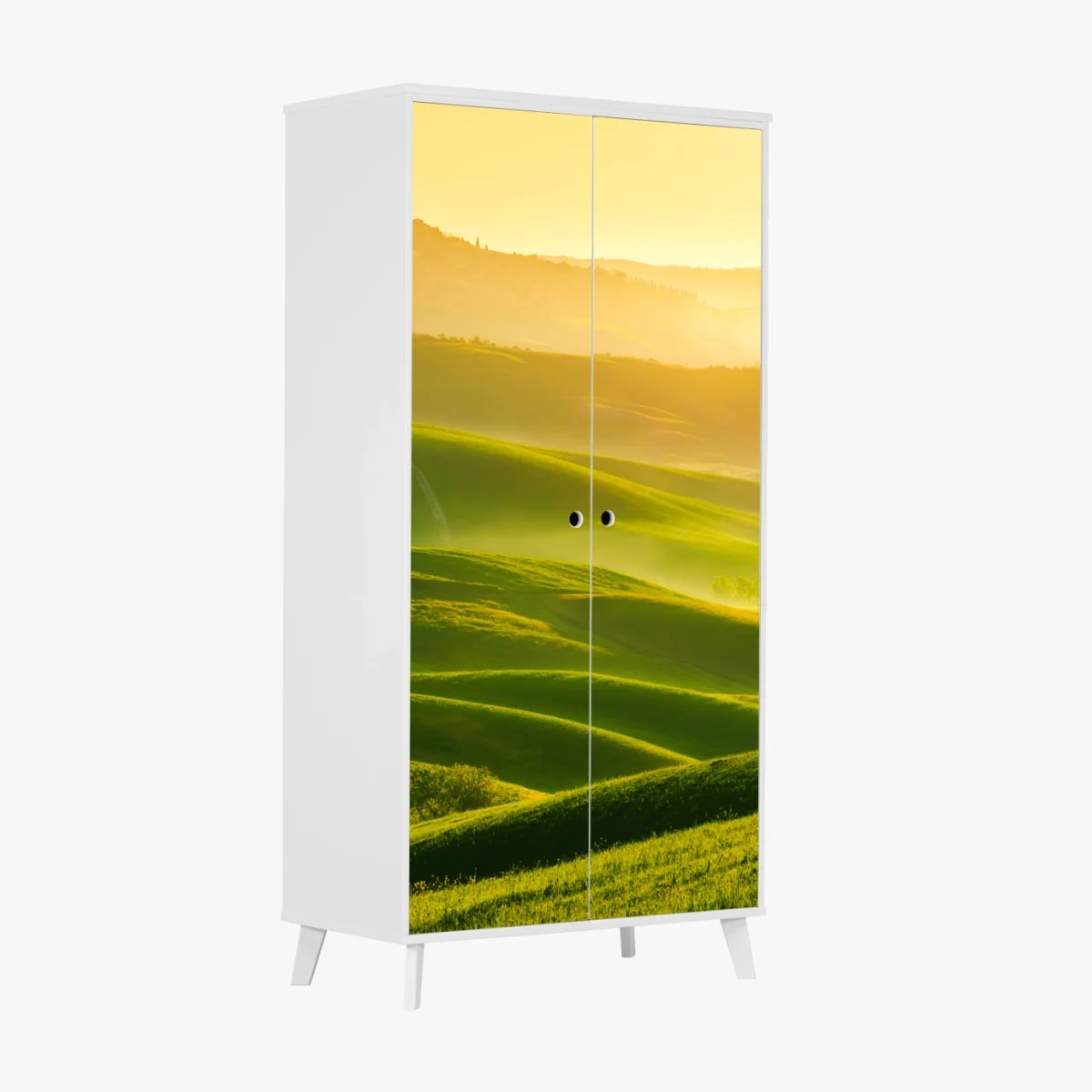 Schrankaufkleber goldener sonnenaufgang über sanften grünen hügeln – Wallnifity®