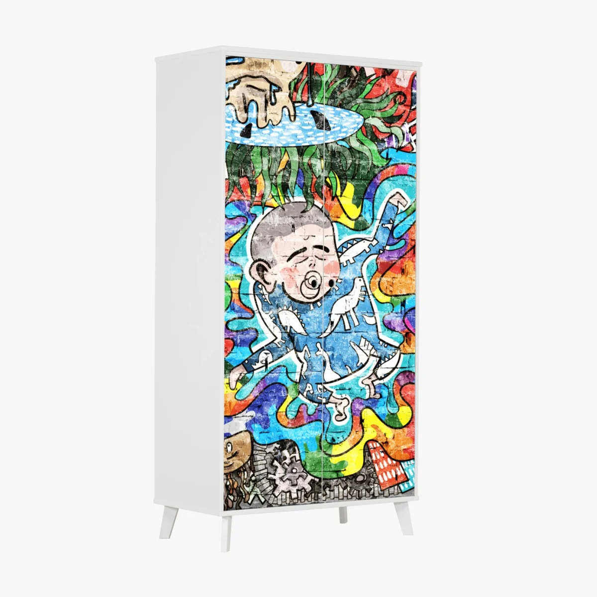 Schrankaufkleber buntes graffiti-mural mit träumendem kind – Wallnifity® Schrankaufkleber buntes graffiti-mural mit träumendem kind – Wallnifity®