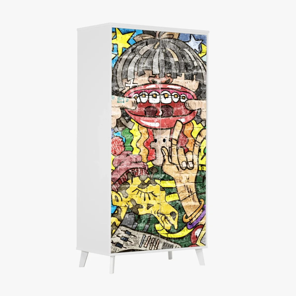 Schrankaufkleber buntes graffiti-mural mit verspielter figur – Wallnifity®