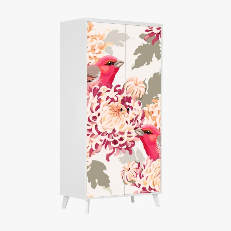 Schrankaufkleber rosa vögel und chryzanthemenmuster